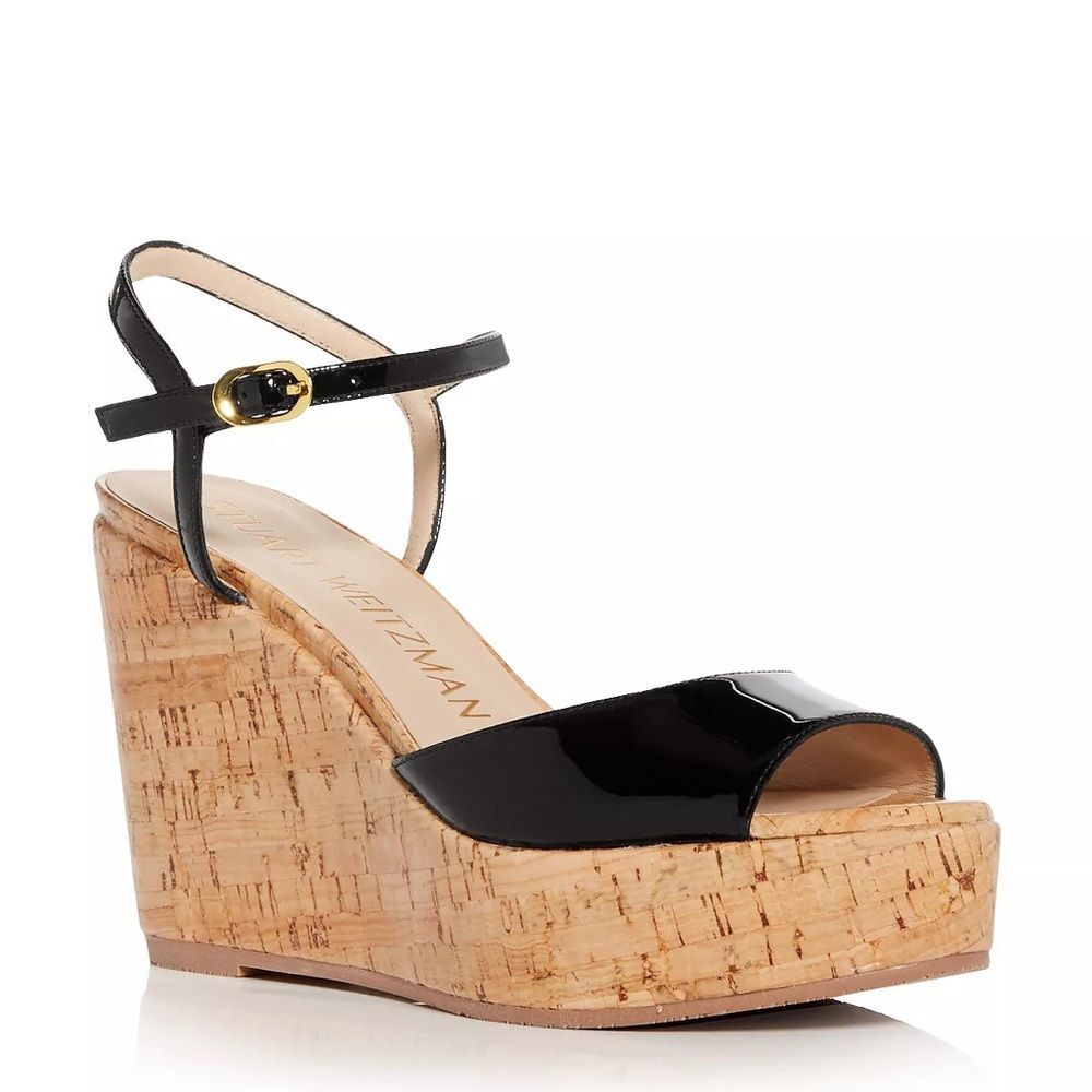 Stuart Weitzman Palmina Platform Wedge Sandals, Black, NWT, Size 37.5/7 - Picture 1 of 12